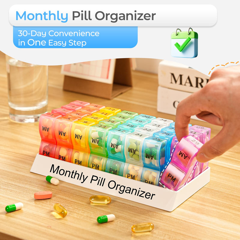 Colorwing Monthly Pill Organizer 2 Times a Day，Compact Pill Case | Ultra-Compact, Pocket-Sized, Ultra-Light, Featherweight, Monthly Tracking, Daily Dose, Detachable Lid, Easy-Clean, BPA-Free Rainbow