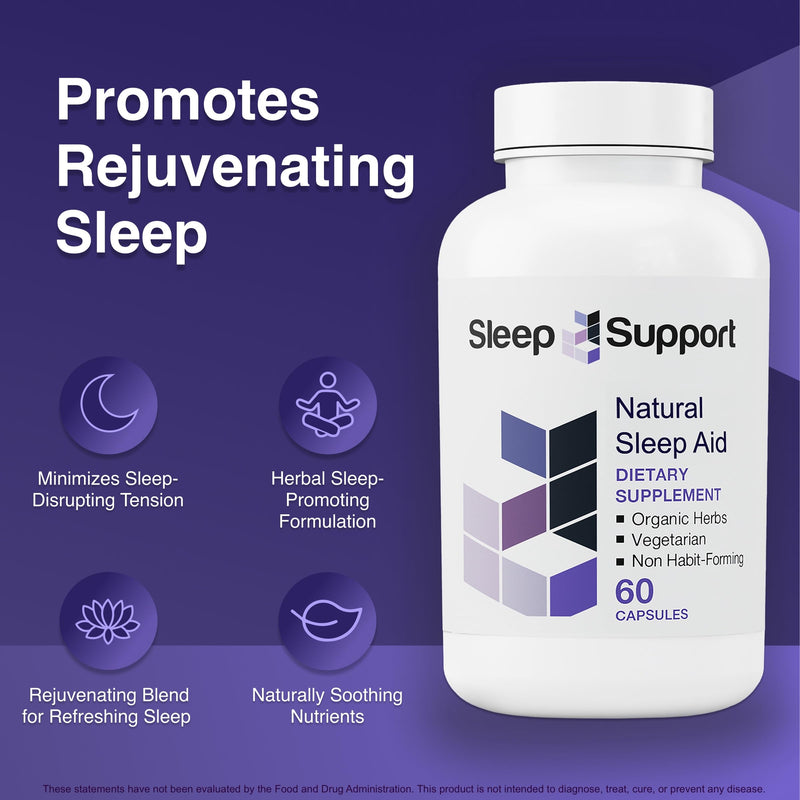 Sleep Support for Adults with 5 Organic Herbs, L-Theanine, L-Tryptophan, Glycine, Magnesium & Low Dose Melatonin, 60 Vegetarian Capsules