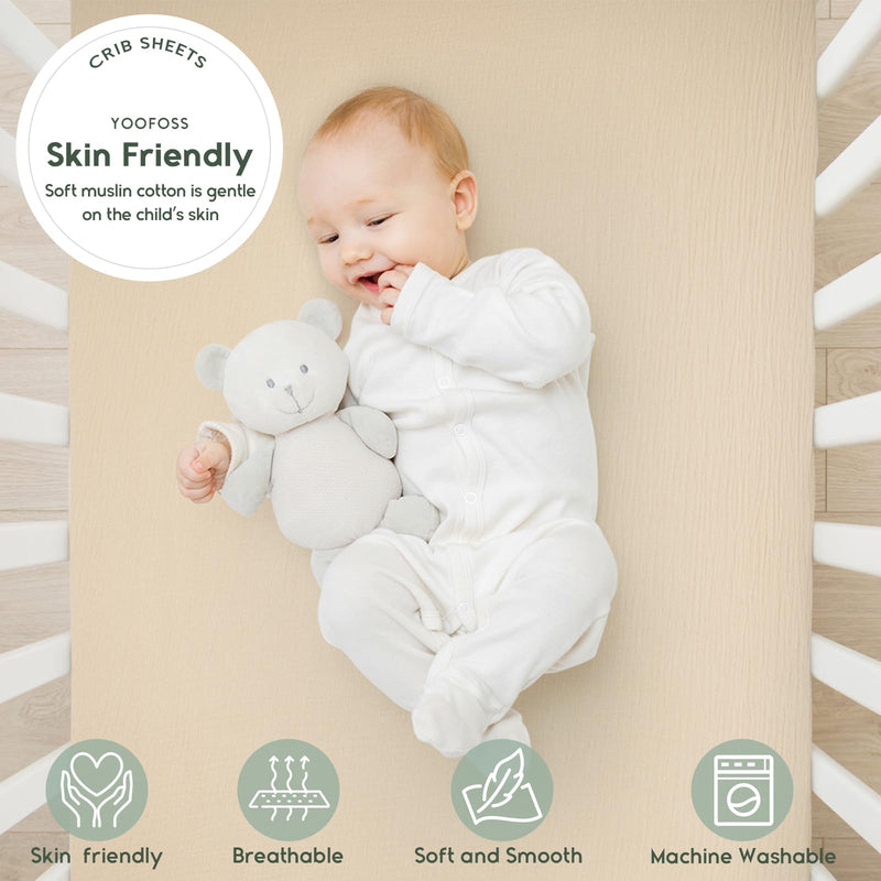[Australia] - Yoofoss Muslin Crib Sheets for Boys Girls 100% Cotton Fitted Baby Crib Sheet 2 Pack Soft and Breathable for Standard Crib Mattress & Toddler Mattress 52"x28" Apricot&Green Cream&green 52"x28" 