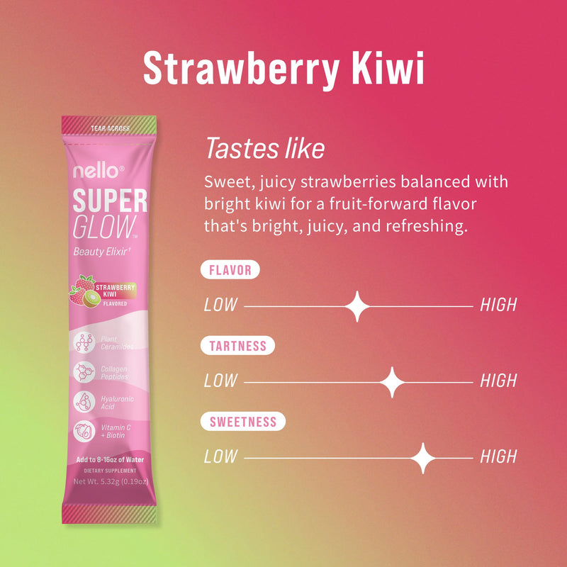 Nello Superglow Powdered Drink Mix, Skin Hydration, Glow & Hair Support, Collagen Peptides, Hyaluronic Acid, Ceramosides, Biotin & Vitamin C, 20 Stick Packs (Strawberry Kiwi) Strawberry Kiwi