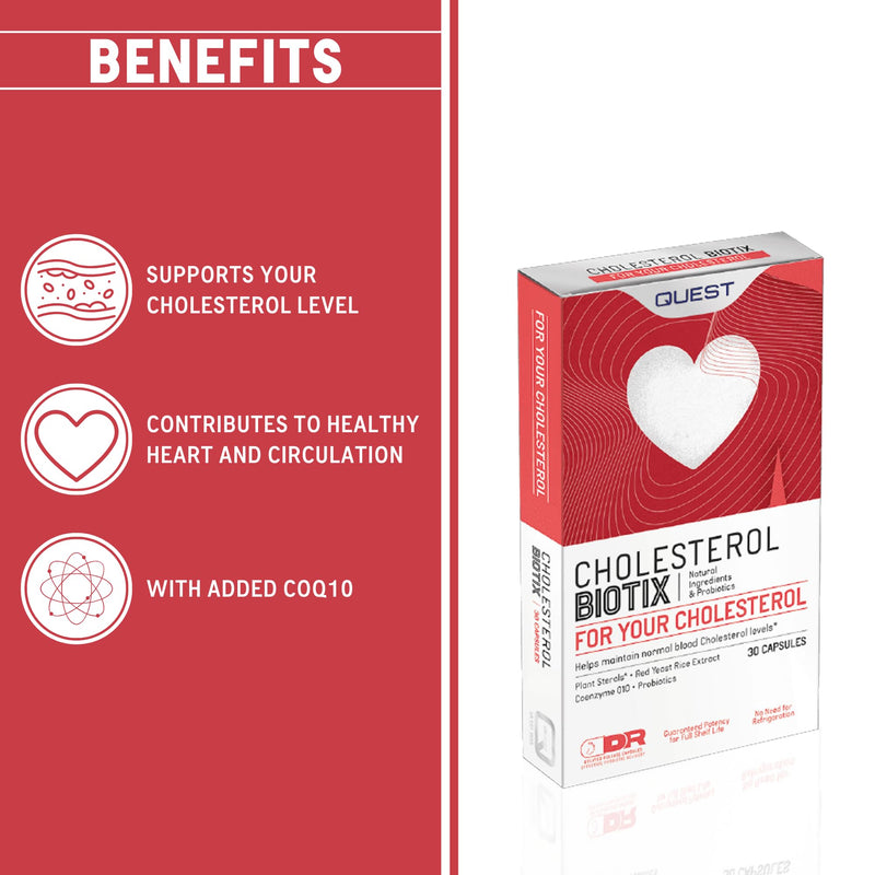 Quest - CholesterolBiotix Healthy Cholesterol Lowering Supplement. 30 Vegan Capsules with Natural Ingredients Including Red Yeast Rice Plant Sterols to Lower Cholesterol, Gluten Free (Pack of 2) 1 count (Pack of 2)