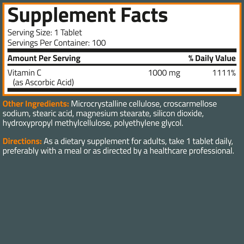 Bronson Vitamin C 1000 mg as Ascorbic Acid, 100 Vegetarian Tablets | Extra Strength Formula, Supports a Healthy Immune System, Non-GMO, Gluten-Free & Soy-Free 100 Count (Pack of 1)