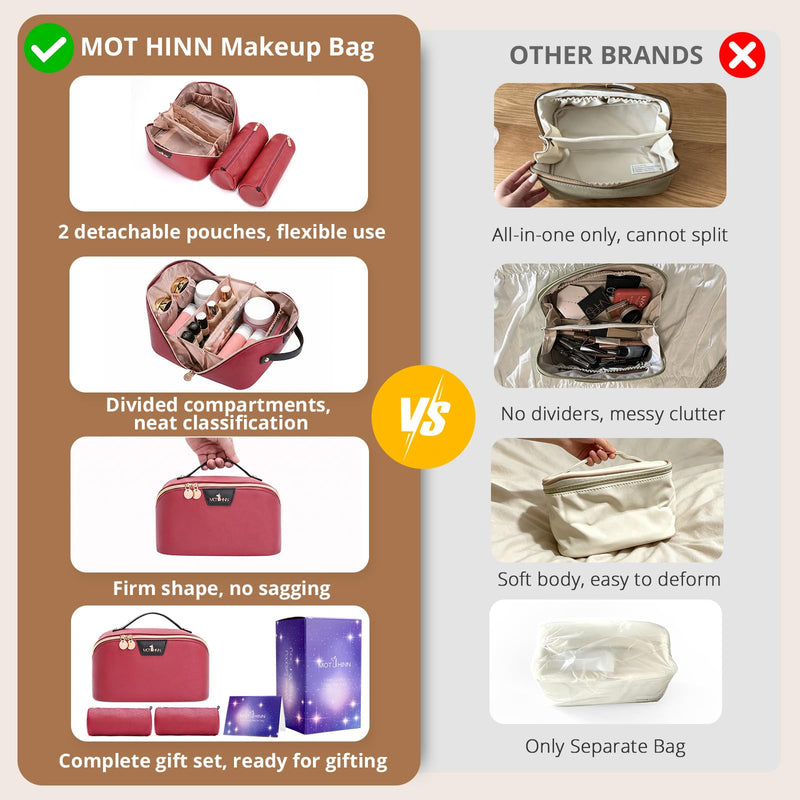 Travel Makeup Bag Organizer for Women: 3-in-1 Large Capacity Cosmetics Bag | Vegan Leather Flat Open Toiletry Bag with 2 Removable Skincare Pouch - Portable Travel Essentials for Full-Sized Bottles B05-Red