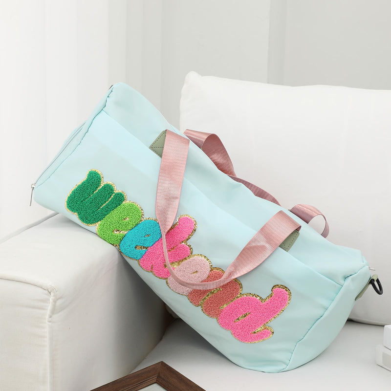 Shinylin 2 Pcs Weekender Bags for Women Sleepover Overnight Bag with Shoe Compartment Green Pink Chenille Letter Travel Duffle Bag for Girls Travel Gym Hospital