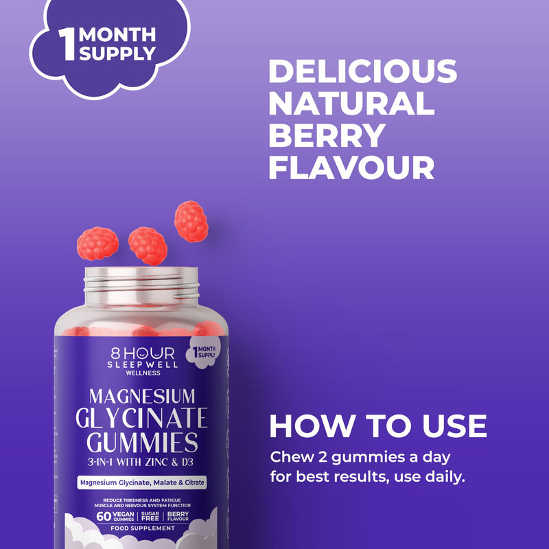 Magnesium Glycinate Gummies – 60 Vegan & Sugar-Free for Kids & Adults - Glycinate 3-in-1 Gummies with B6, Zinc & D3 – 240mg Elemental Magnesium for Sleep, Stress, Muscles & Bones Support 60 count (Pack of 1)