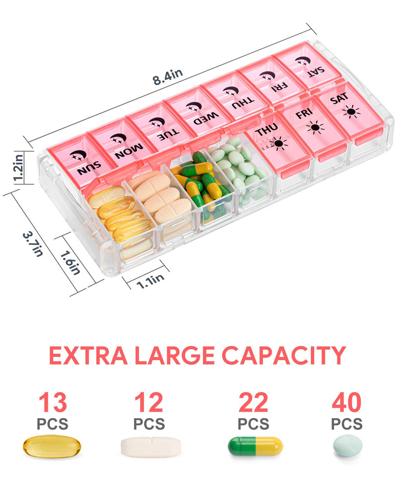 Weekly Pill Organizer 7 Day 2 Times a Day Extra Large, Quick Fill 2022 Fullicon AM PM XL Daily Pill Cases Pill Box with Detachable Base - Pink (Patent Registered) | Each Compartment Holds 13 Fish Oils or 12 Vitamins, BPA Free Food Grade Plastic, Preven...