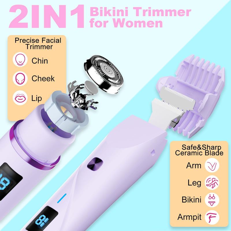 Bikini Trimmer for Women, 2 in 1 Electric Razors for Women Pubic Hair, IPX7 Waterproof Dual Head Bikini Shaver with LED Display, Rechargeable Electric Trimmer (Purple) Purple