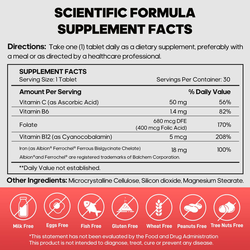 Iron Supplement, High Absorption Ferrochel Chelated Iron, 30 Iron Tablets | Vitamins C, B6, B12, Folate, Iron 18 mg, Gentle on the Stomach, Non-GMO, Gluten Free