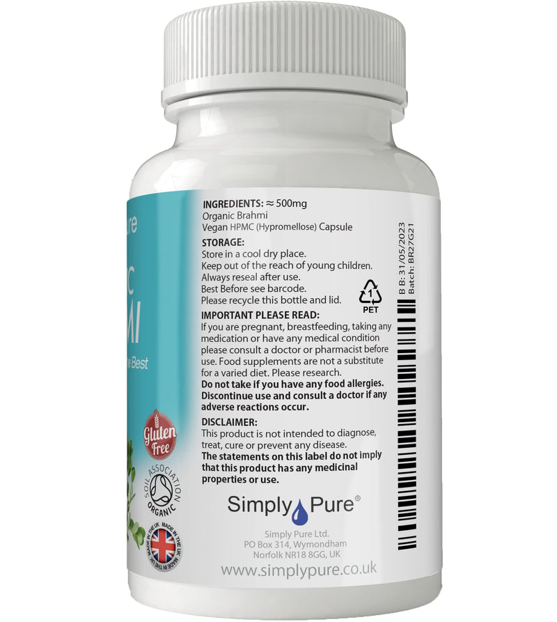 Organic Brahmi - Bacopa Monnieri - for Cognitive & Memory Support | 500mg Capsules x 90 | 100% Pure Soil Association Certified | Gluten Free | GM Free | Vegan