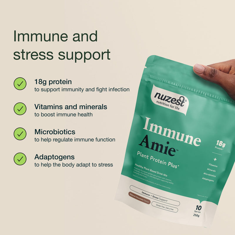 Nuzest Protein Plus | Immune Amie | Chocolate | Supports Healthy Immune System with Stress Support Benefits | Vitamins & Minerals | Lion's Main, Maitake & Shitake Mushrooms | 250g (10 Servings)