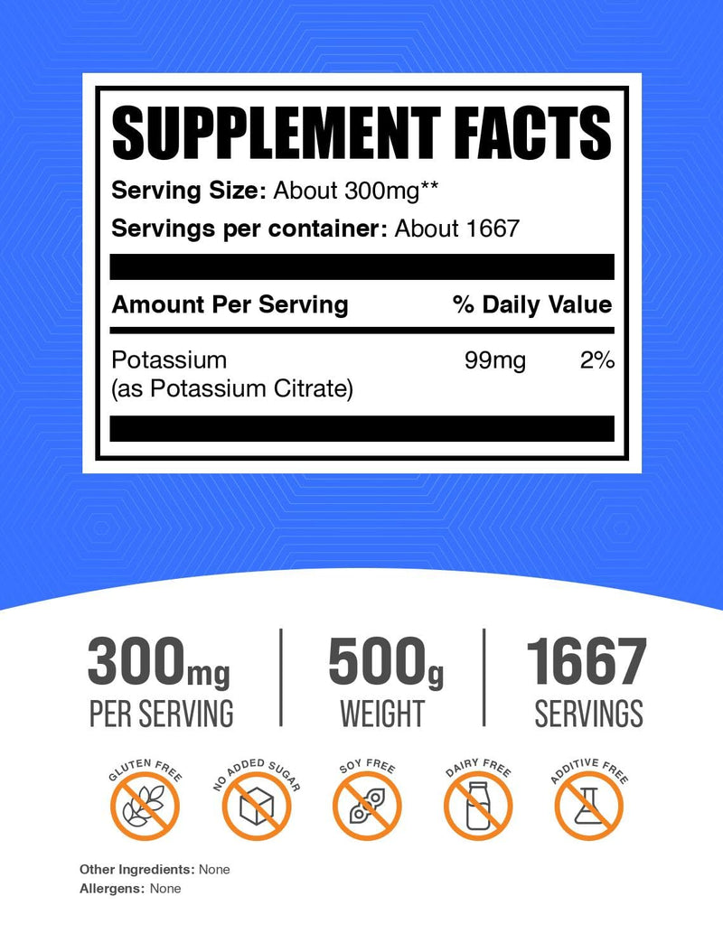 [Australia] - BulkSupplements.com Potassium Citrate Powder - for Hydration Support, Mineral Supplement, Potassium 99mg - Gluten Free, 300mg per Serving, 500g (1.1 lbs) (Pack of 1) 1.1 Pound (Pack of 1) 