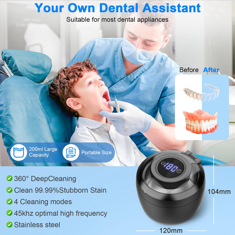 [Australia] - 45kHz Ultrasonic Retainer Cleaner Machine, 200ML Denture Cleaner, 4 Modes with Digital Timer Mouth Guard Cleaner, Night Guard Cleaner Dental Cleaning Pod for Aligner, Braces, Jewelry (Dark Black) 