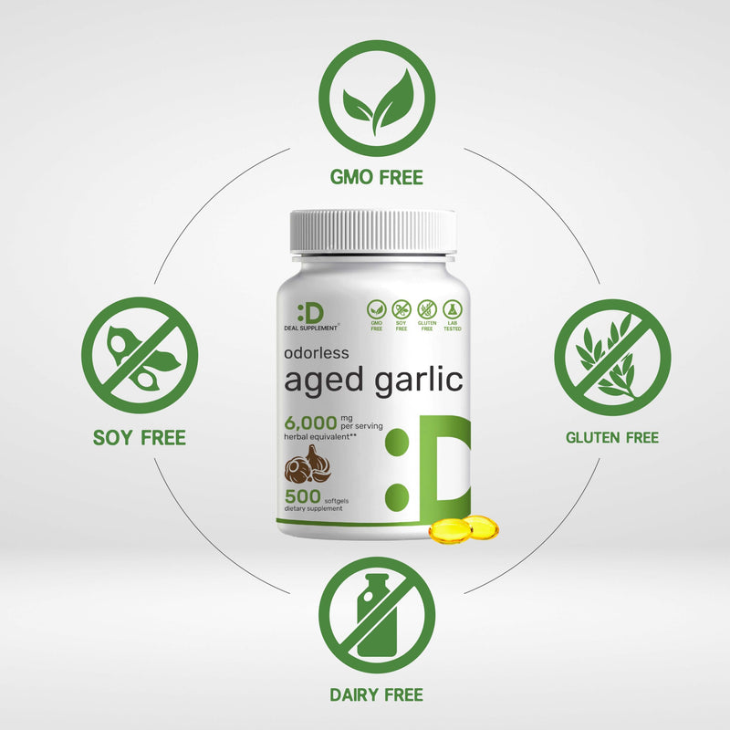 [Australia] - DEAL SUPPLEMENT Odorless Aged Garlic Pills, 6,000mg Per Serving, 500 Softgels – 24:1 Garlic Oil Extract – Fresh Allium Sativum Bulb Source – Heart & Immune Antioxidant Supplements – Non-GMO 