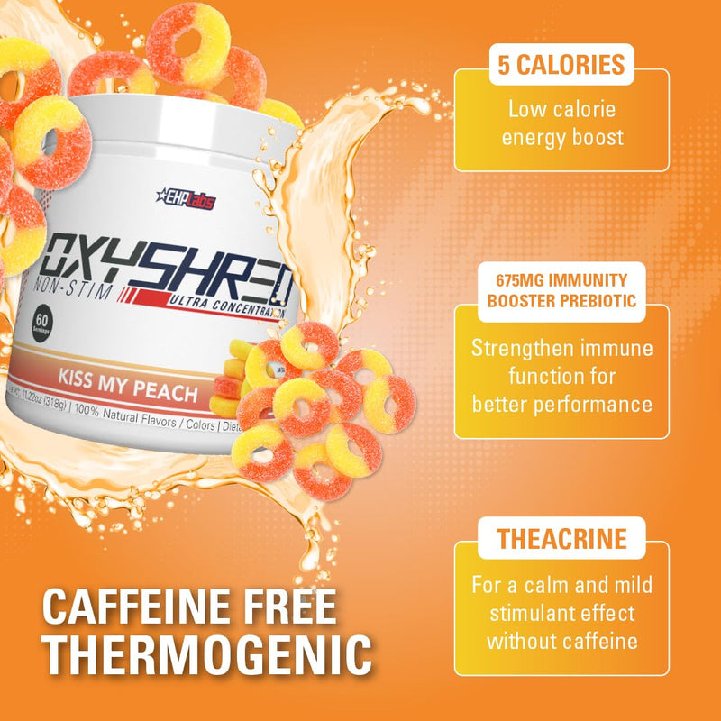 [Australia] - EHP Labs OxyShred Non Stimulant Pre Workout Powder - Stim Free Pre Workout, Caffeine Free Preworkout for Men & Women with L Glutamine & Acetyl L Carnitine - Peach, 60 Servings 