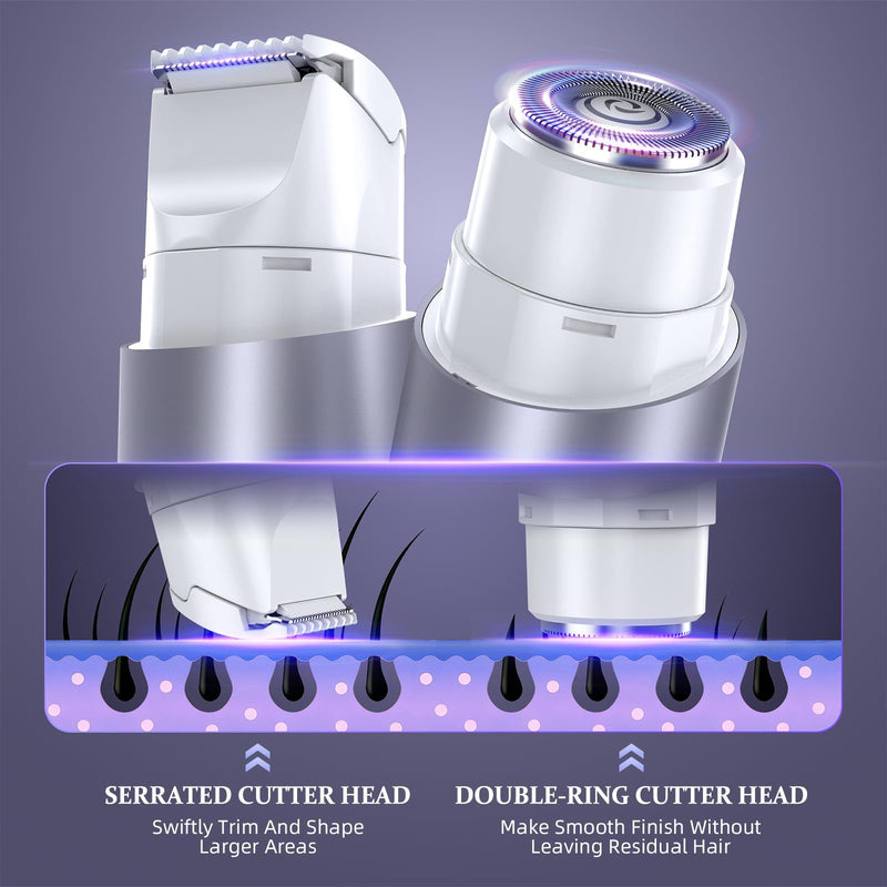 Bikini Trimmer for Women, Dual Head Face Shaver Body Hair Trimmmer, IPX7 Waterproof Womens Electric Razor for Legs, Purple