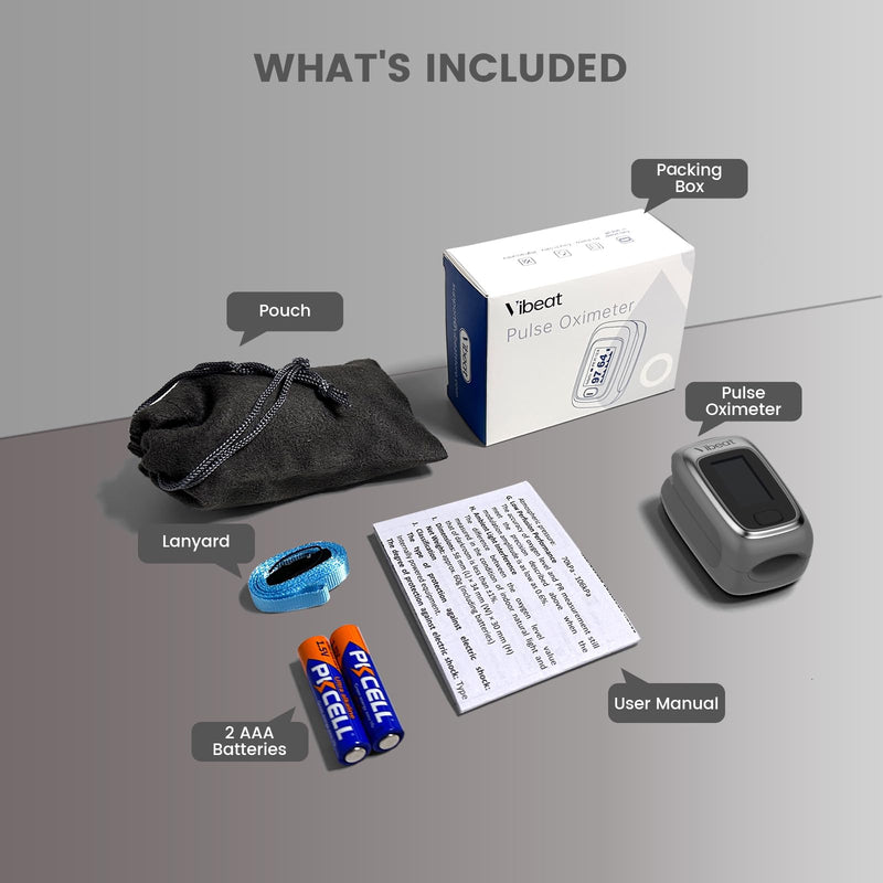 Vibeat Fingertip Pulse Oximeter with Bluetooth, Blood Oxygen Saturation Monitor with APP, Finger SPO2 Meter with Batteries and Lanyard, Gray