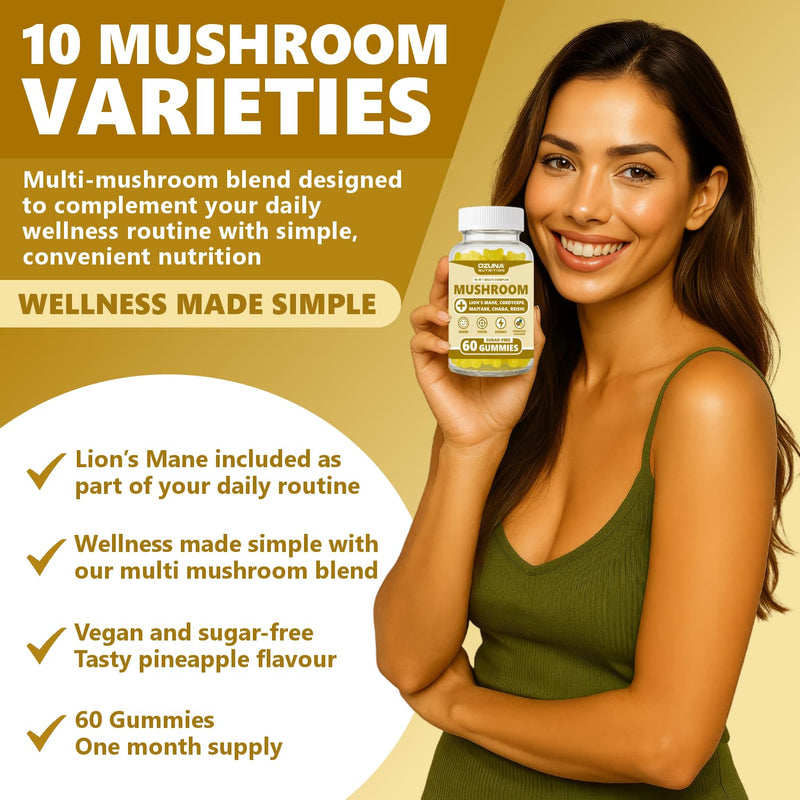 Mushroom Gummies | 10-in-1 | Vegan & Sugar-Free | with Lion’s Mane, Cordyceps, Reishi & Chaga | Pineapple Flavour | 60 Chewable Gummies | Energy, Vitality & Daily Wellness