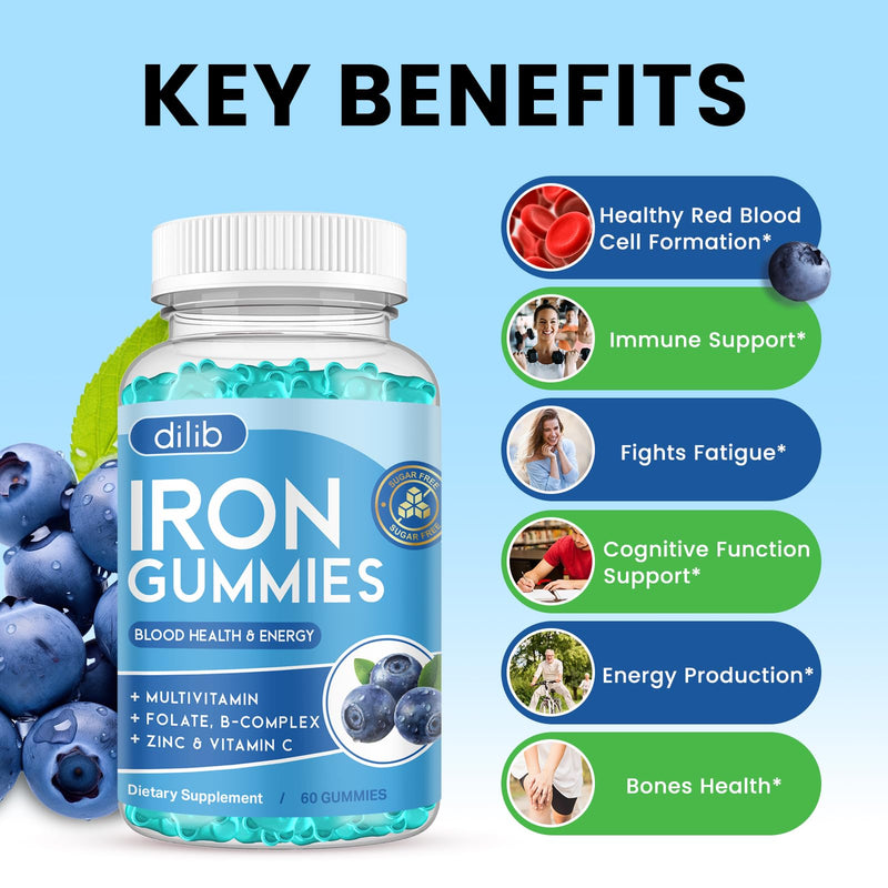 Iron Gummies with Multivitamin, Iron Supplement for Women & Men with Zinc, Vitamin B Complex & C, B12, Folate - Blood Builder & Energy Support for Adults & Kids - Blueberry Flavor, Vegan 60 Gummies 60 Count (Pack of 1)