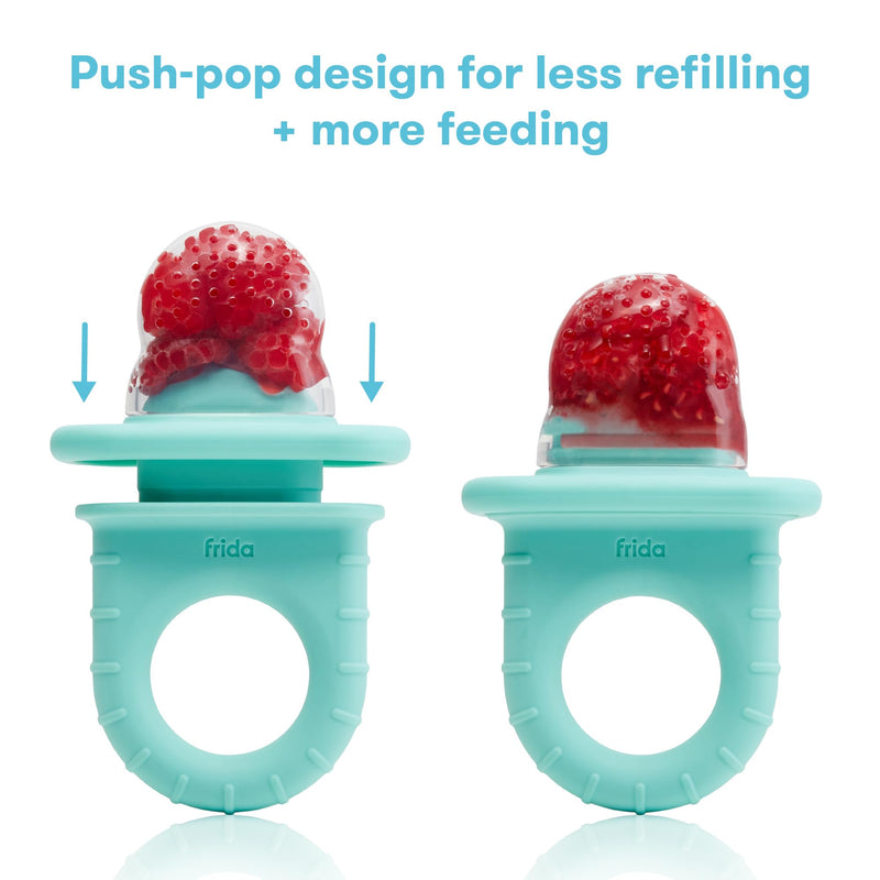 Frida Baby Push Pop Feeder, Baby Fruit Feeder, Baby Fruit Food Feeder to Safely Introduce New Foods, Fresh + Frozen Food Silicone Feeder for Babies, BPA Free, Dishwasher Safe | 3 Count, Teal 3ct tip - Vibrant Teal