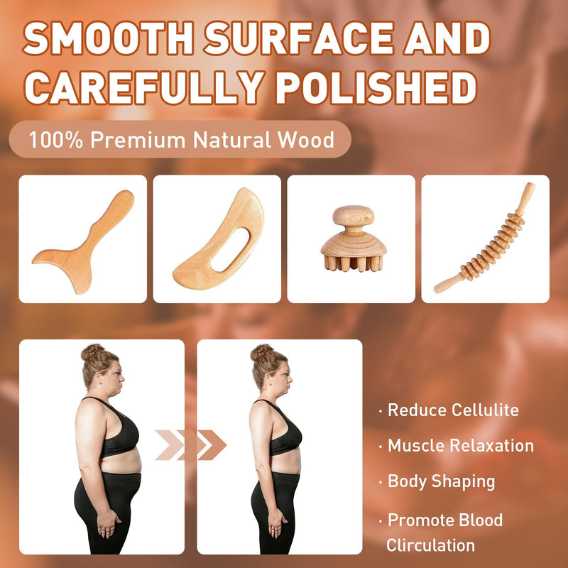 [Australia] - Wood Therapy Massage Tools 4 in 1, Lymphatic Drainage Massager, Wooden Maderoterapia Kit Body Sculpting Tools for Muscle Pain Relief, Anti-Cellulite Body Shaping 