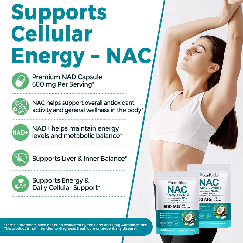 NAC Supplement with NAD+, N-Acetyl L-Cysteine Softgels with Coconut Oil & MCT Oil, Supports Cellular Function & Antioxidant Support, Non-GMO, Gluten-Free, 300 Count