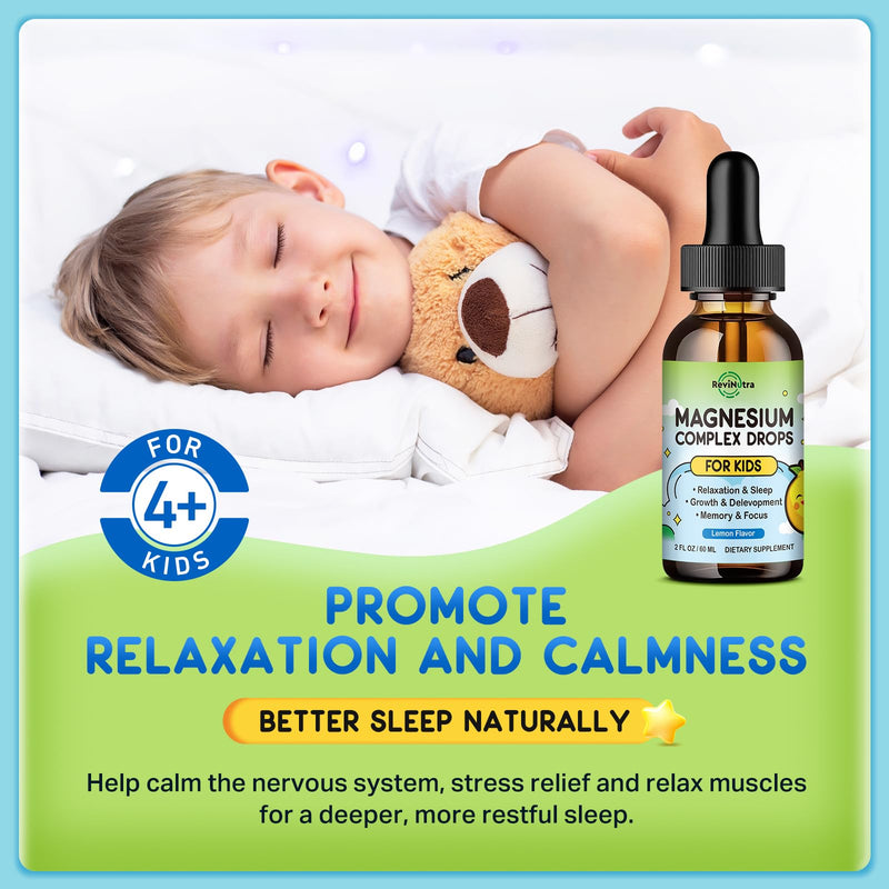 Magnesium Glycinate Liquid for Kids, Kids Magnesium Liquid Drops Supplement with L-Theanine, Calcium, Zinc, Vitamin D3 K2 for Sleep Calm Relaxation Brain Bones Focus, Lemon Flavor 2 Fl Oz 2 Fl Oz (Pack of 1)
