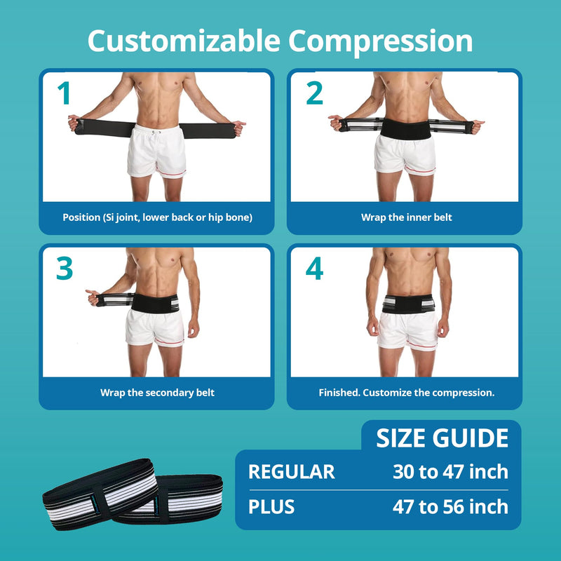 [Australia] - Kizu Relief Belt Sciatica Pain Relief Devices Lower Back Brace, and SI Joint Support ‚Äì Adjustable Back Support Belt for Sciatic Pain Men & Women, Hip Compression Wrap (Regular, Plus) (Hip Size 30-47 Inches) Regular (Hip Size 30-47 Inches) 