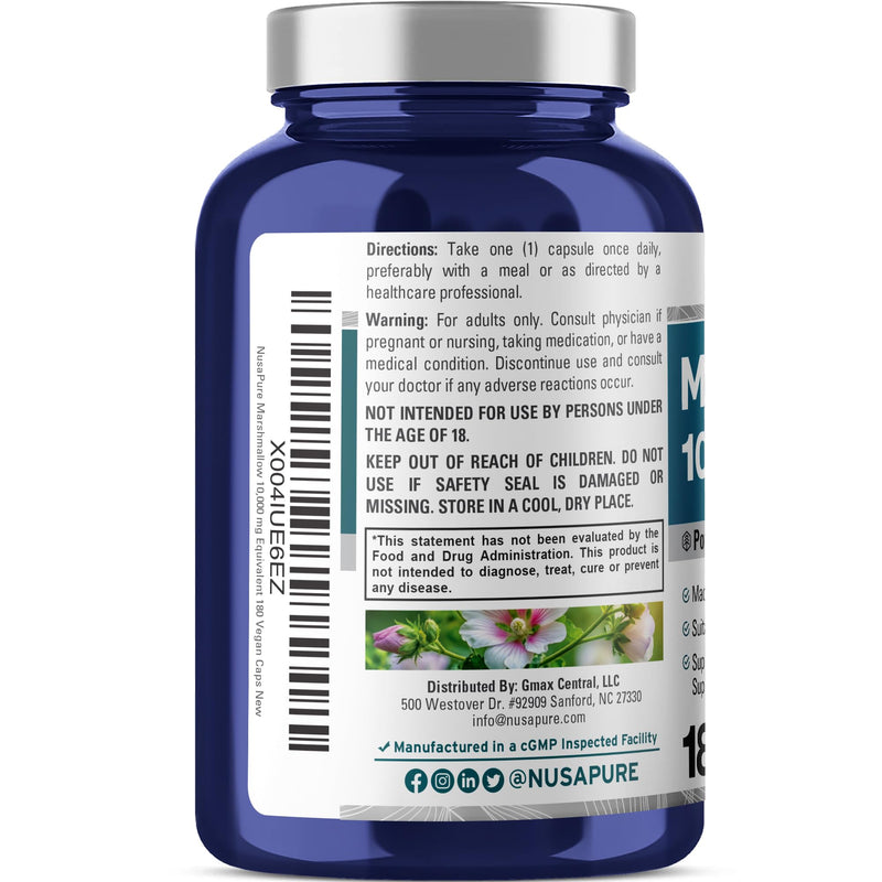 [Australia] - NusaPure Marshmallow Root 50:1 Extract, 200 mg Equivalent to 10,000mg Per Veggie Caps 180 Count (Non-GMO, Vegan) Bioperine 