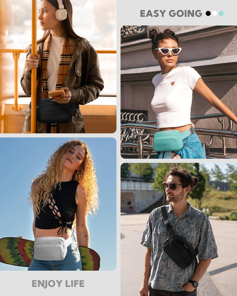 WATERFLY Fanny Pack Belt Bag for Men Women Casual Waist Pack | Lightweight 7oz, 8.3x5.9x2.4in, waist 24-47in, 3 zip pockets + slots + clip, water-repellent nylon, for travel, hiking, gym Black