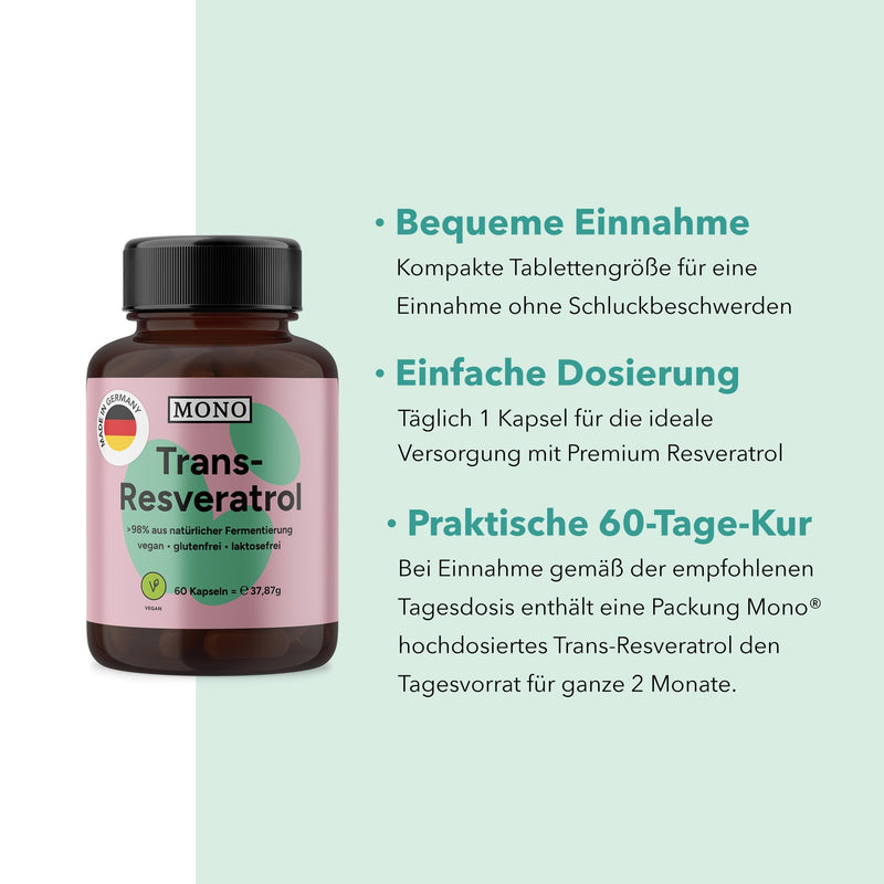 [Australia] - MONO® Trans-Resveratrol high dose | 500mg bioactive trans-resveratrol (Veri-te™) from Switzerland per capsule | Premium quality from DE | 98% Trans-Resveratrol - Vegan 1 x 60 capsules 