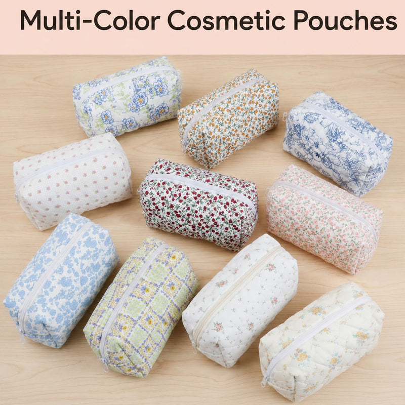 10 Pcs Cotton Makeup Bag, Quilted Floral Makeup Bags, 7.8x4.7x3.1 in | Cotton Floral Cosmetic Pouch, Quilted Travel Makeup Bags with Zipper for Women Bridesmaid Gifts Daily Use