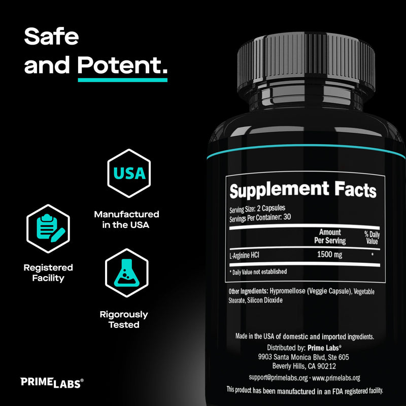 [Australia] - Prime Labs L Arginine Nitric Oxide - with L-Arginine 1500mg - Supports Blood Flow, Energy, Strength, Endurance - 60 Capsules 60 Count (Pack of 1) 