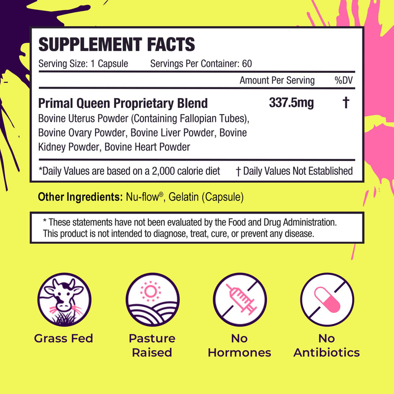 Primal Queen Beef Organ Superfood, Grass-Fed Liver Kidney Heart for Women | Female-Optimized Blend of 6 Pasture-Raised Organs for Hormone Balance, Energy and Vitality; 3rd-Party Tested 60 Count (Pack of 1)