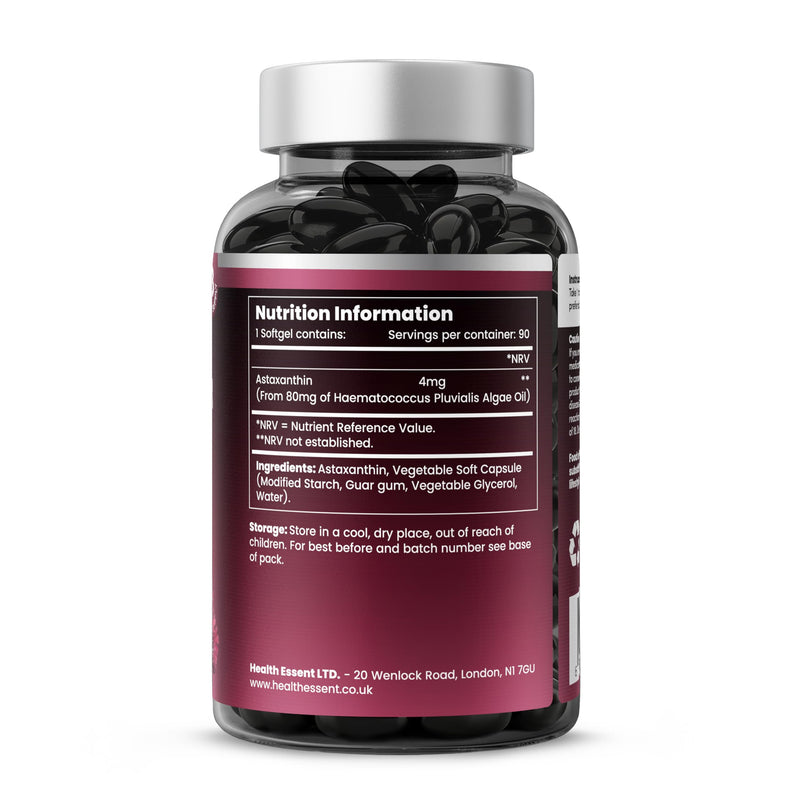 HealthEssent Astaxanthin High Strength Algae Oil 80mg Complex - Microalgae Carotenoid from Haematococcus Pluvialis - 90 Vegan Softgel Capsules - Antioxidant Supplements for Skin & Eyes, Non-GMO