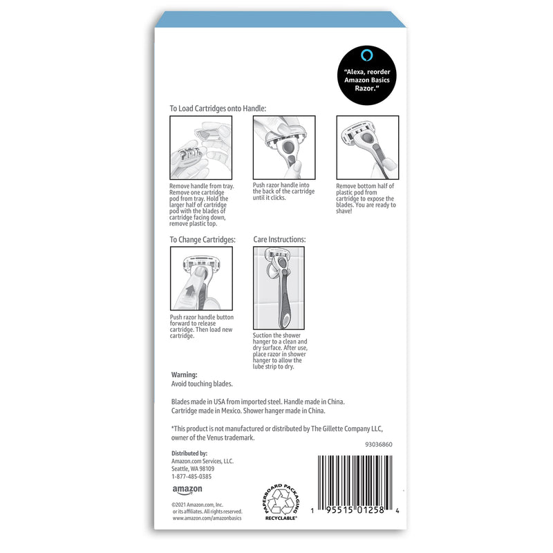 [Australia] - Amazon Basics 5-Blade Razor Handle for Women, Includes 12 Cartridges and Shower Hanger, 14 Piece Set, Blue 12 Count (Pack of 1) 1 Razor, 1 Shower Hanger, 12 Refills 