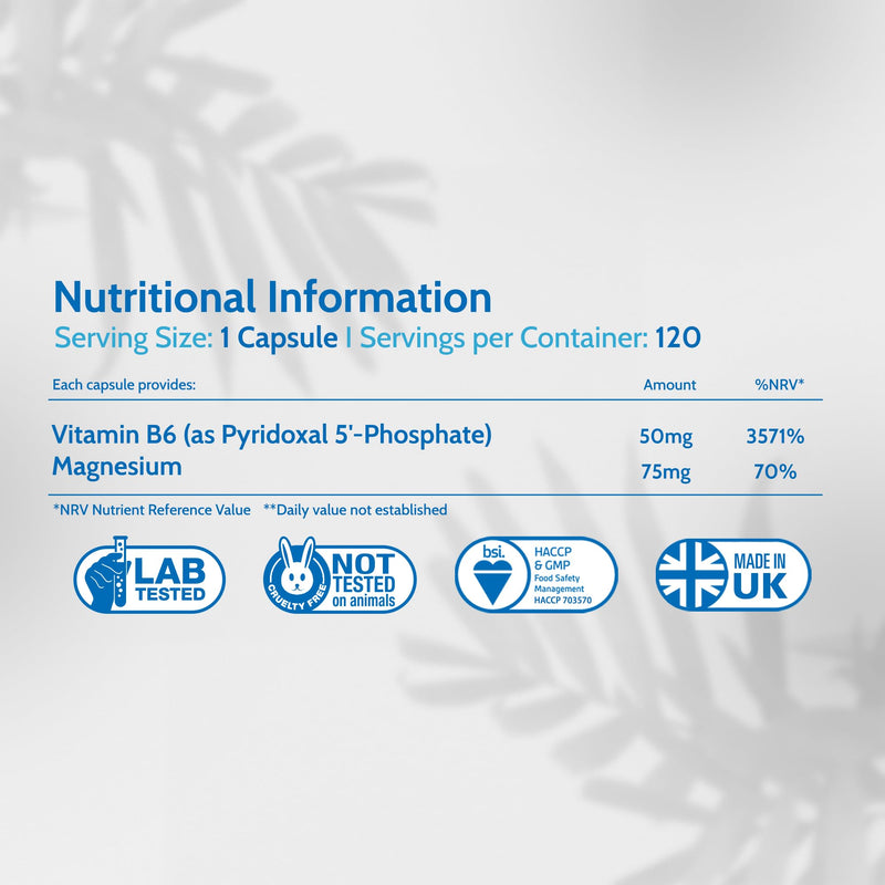 P5P 50mg Activated Vitamin B6 with Magnesium Citrate for Tiredness & Fatigue - 120 Capsules 4 Month Supply - Pyridoxal 5'-Phosphate - Vegan VitB6 Supplement - Made in UK by Health4All 120 count (Pack of 1)