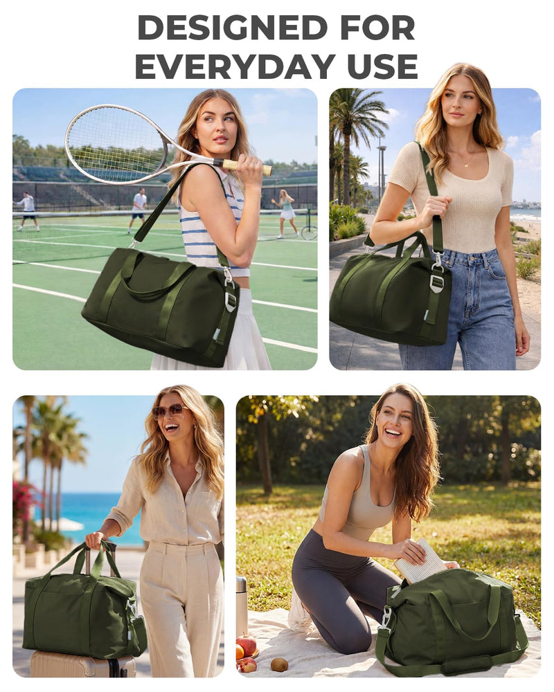 Percover Weekender Travel Duffel Bag for Women, Lightweight Soft-Structure 33L Carry-On, Water-Resistant Nylon with Shoulder Strap & Trolley Sleeve, Personal Item Friendly, Olive Green