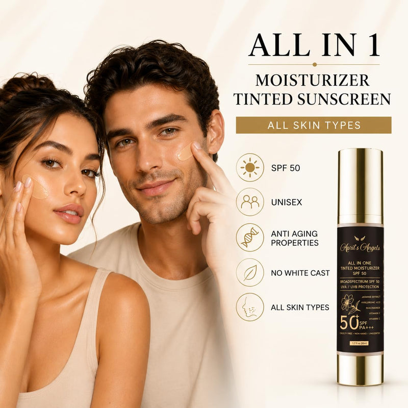 April's Angels All in One Universal Tinted Moisturizer, Broad Spectrum SPF 50 PA+++, with Hyaluronic Acid, Jasmine Extract, Vitamins C and E. 1.7 fl oz | SPF 50