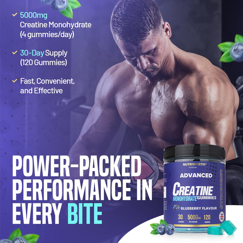 Creatine Gummies 5000mg | Lab Tested | Creatine Monohydrate | Full Month Supply | UK Formulated Vegan & Sugar Free | Pre/Post Workout Gym Supplement for Men & Women | 120 Counts - Blueberry