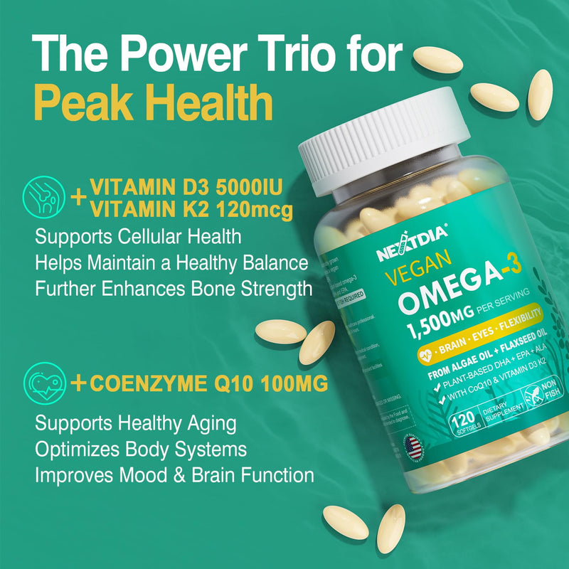Vegan Omega 3 EPA DHA ALA Supplements + CoQ10, Vitamin D3 K2 for Women Men | 1500mg Plant Based Omega 3 Fatty Acids Mini Softgels for Bone Brain Eye Skin, Algae Oil as Fish Oil Alternative, 120 Pills