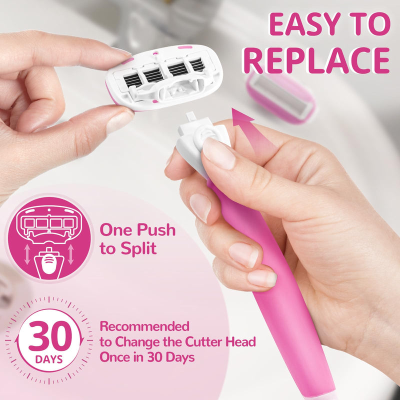 [Australia] - Razors for Women Include 2 Non-Slip Handles and 14 Blade Refills with a Shower Holder, 5 Premium Blades Women's Razors for Shaving with 360° Lubrication Reduces Irritation, Pink 