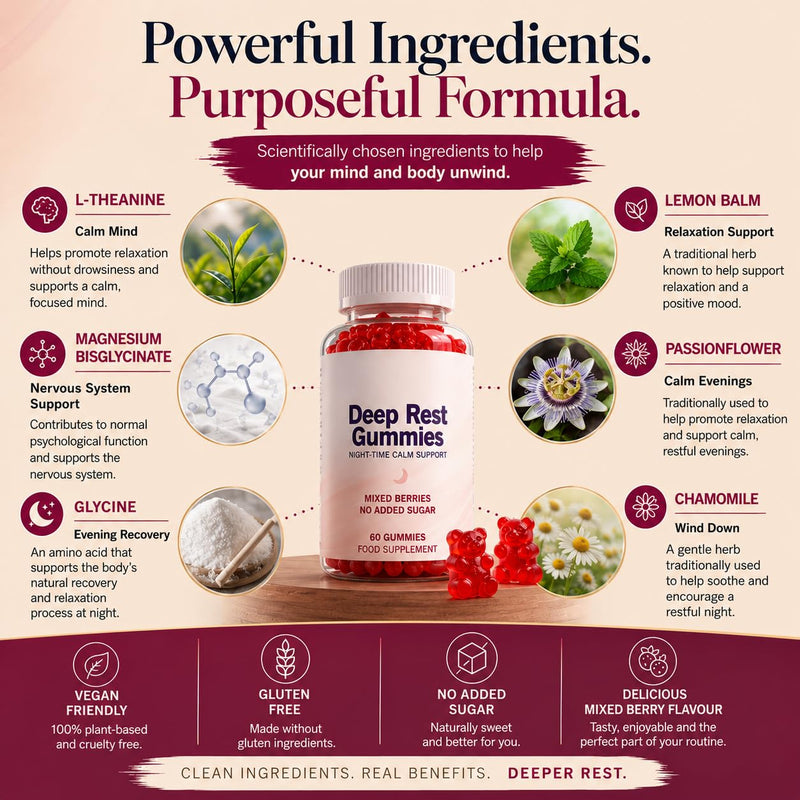 Omni Wave Deep Rest Gummies | Relaxation & Sleep Support with L-Theanine, Magnesium Bisglycinate, Glycine, Lemon Balm, Passion Flower & Chamomile | No Added Sugar Mixed Berries | Vegan | 60 Gummies