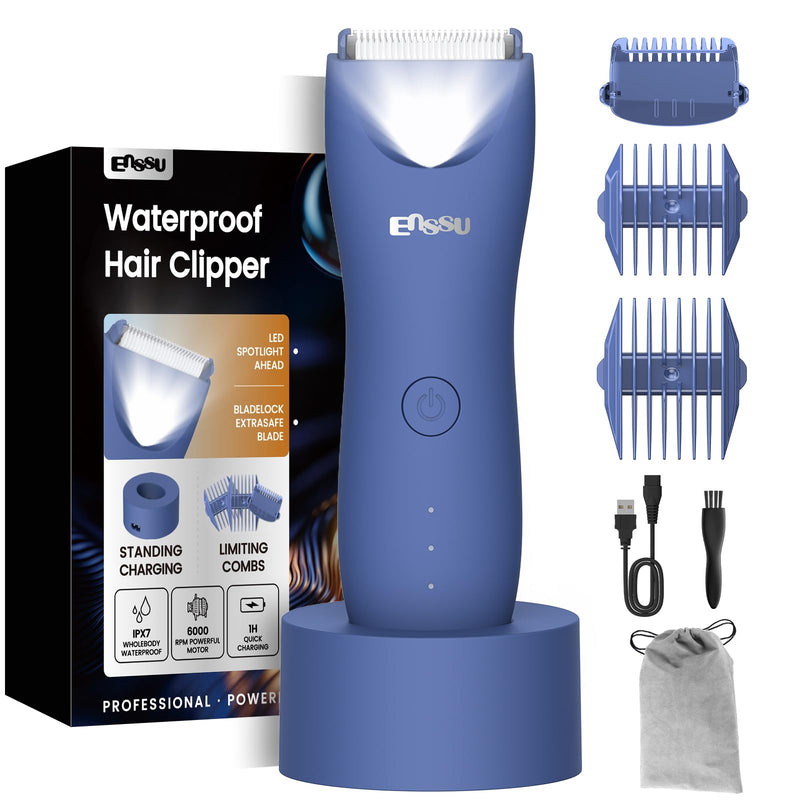Electric Body Hair Trimmer for Men with Extra Skin-Safe Ceramic Blade, Ball Shaver Groomer w/LED Light& Charging Dock, Pubic Groin Hair Trimmer Male Razor Waterproof (Blue-with Charging Light)