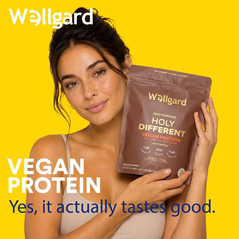 Wellgard Vegan Protein Powder, 97 Calories, 20g Plant Based Protein, Complete Amino Acid Profile, 3.3g BCAAs, Low Calorie Shake, Low Calorie Protein Powder, Cookies & Cream, Holy Different, 650g
