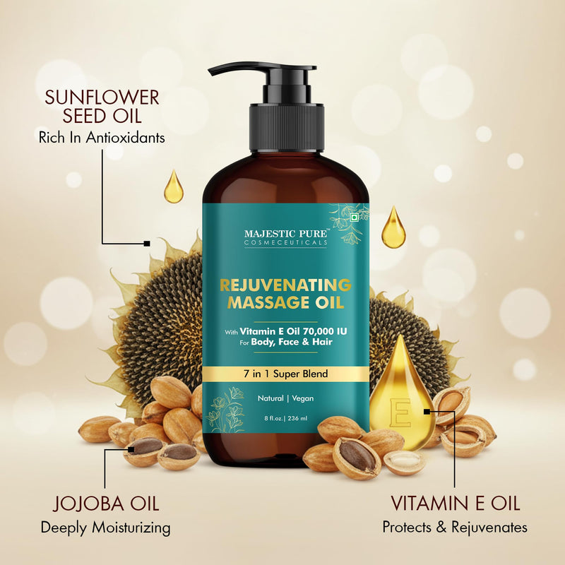 Majestic Pure Vitamin E 70,000 IU Massage Oil, Nourishing Body Oil, 8 Fl Oz | Refreshing and Relaxing- Natural Oils with Almond - Jojoba - Argan & Avocado for Hydrating Dry Skin Types- Men and Women 8 Fl Oz (Pack of 1)