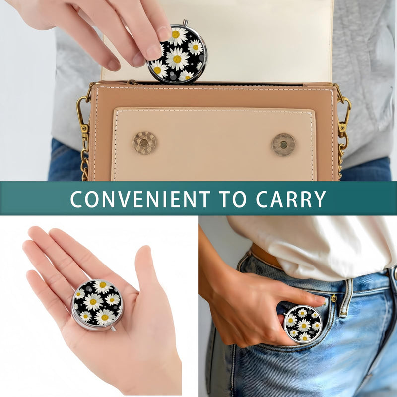 Pill Box 3 Compartment Mini Metal Pill Organizer - Yellow Daisy | Pocket Small Pill, Pill Holder, Travel Portable, for Man Woman Old People and Kids