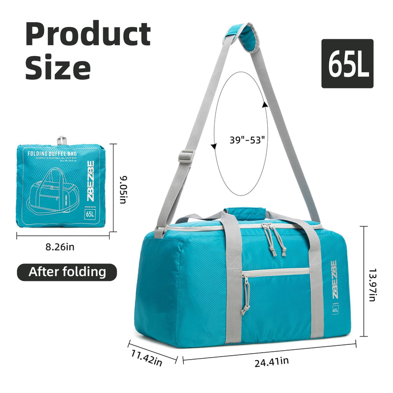Foldable Travel Duffel Bag 65L, Large Capacity Bag for Trips | 65L Large Capacity Foldable Travel Duffel - Spacious Weekender Bag for Vacations, Road Trips and Extended Journeys. Light Blue