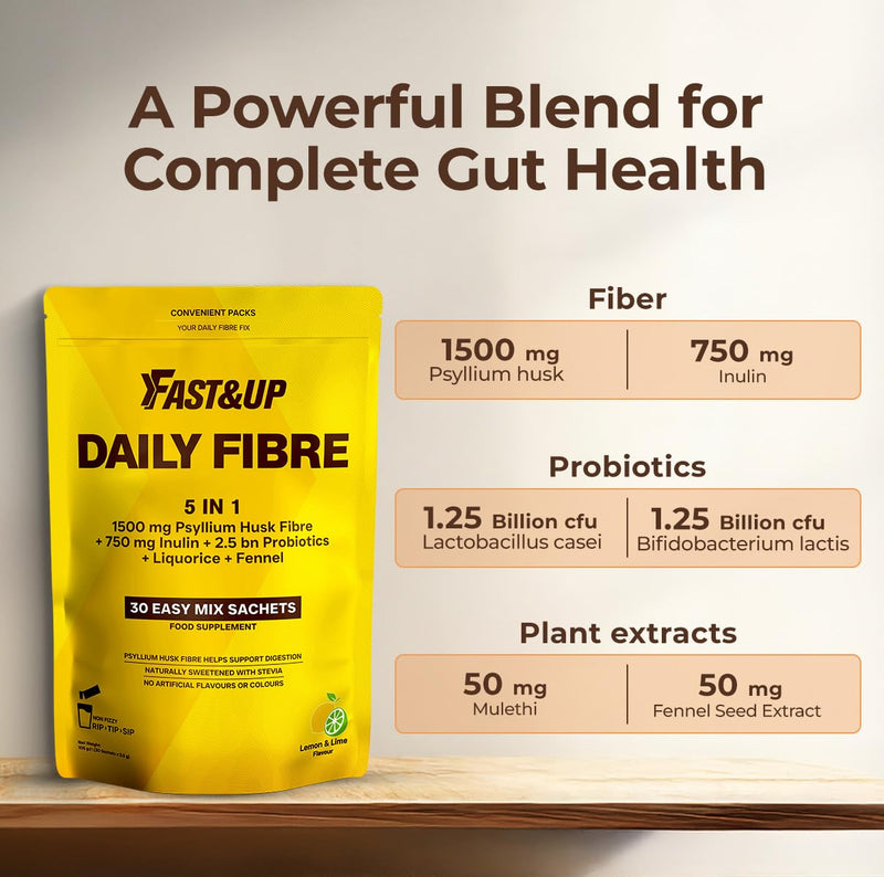 Fast&Up Daily Fibre 5 in1 - Psyllium Husk, Inulin, 2.5 bn Probiotics, Licorice & Fennel for Bowel Regularity & Digestion – Easy Mix Powder – 30 Stick Packs – Lemon & Lime Flavoured Drink
