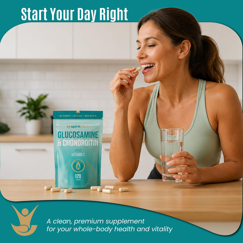 Glucosamine and Chondroitin with Vitamin C | Anti-inflammatory, Osteoarthritis, Cartilage Support | Premium Quality UK Certified Complex | Capsules | No Nasties | SPIRIT VITALE