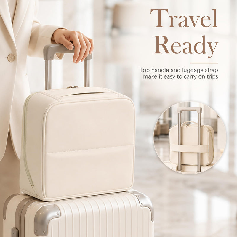 Travel Makeup Bag with Mirror and Phone Holder, Large Capacity Standing Cosmetic Bag for Women, Wide-Open Waterproof PU Leather Toiletry Bag with Divider and Luggage Strap for Skincare and Travel White